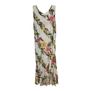Two Palms Made in Hawaii Floral Rayon Sleeveless Midi Dress White Tropical Print